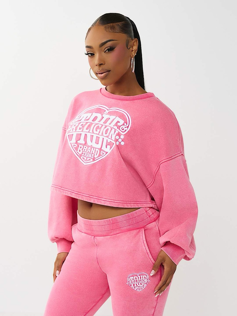 True Religion Washed Heritage Dolman Pullover Cropped Sweatshirt Hot Pink L NWT